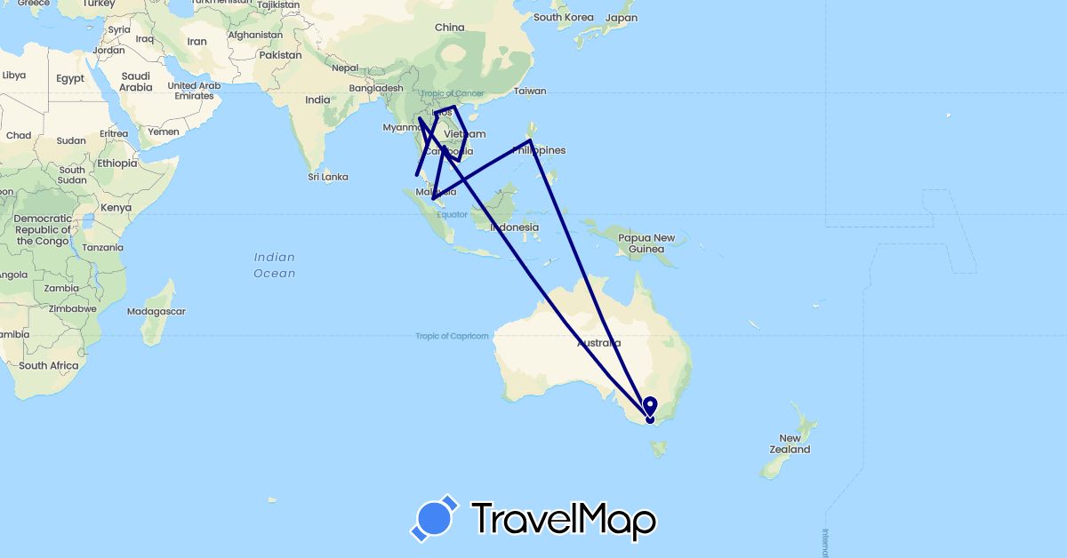 TravelMap itinerary: driving in Australia, Cambodia, Laos, Malaysia, Philippines, Thailand, Vietnam (Asia, Oceania)